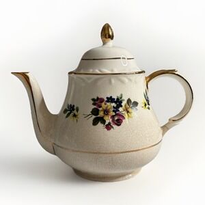 Vintage Arthur Wood & Sons Porcelain Teapot Chatsworth Roses Gold Trim UK